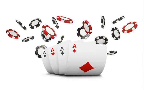 Jogando cartas e fichas de poker voar cassino. Conceito sobre fundo branco. Ilustração do casino de poker. Chip realista vermelho e preto no ar. Conceito de jogo, ícone de aplicativo móvel de poker — Fotografia de Stock