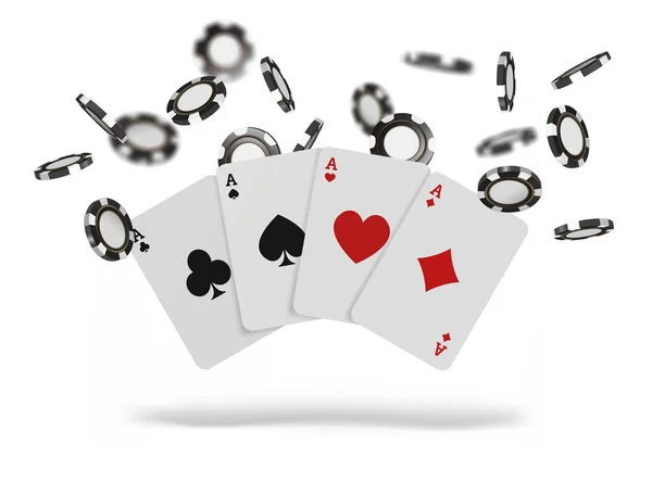 Jugar a las cartas y fichas de póquer volar casino. Concepto sobre fondo blanco. Poker casino ilustración — Foto de Stock