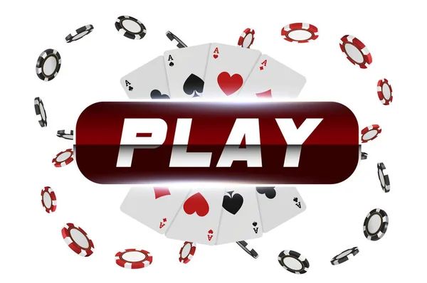 Jugar cartas y fichas de póquer volar botón de juego de casino. Concepto sobre fondo blanco. Ilustración de casino de poker. Chip realista rojo y negro en el aire. Concepto de juego, icono de aplicación móvil de poker . — Foto de Stock