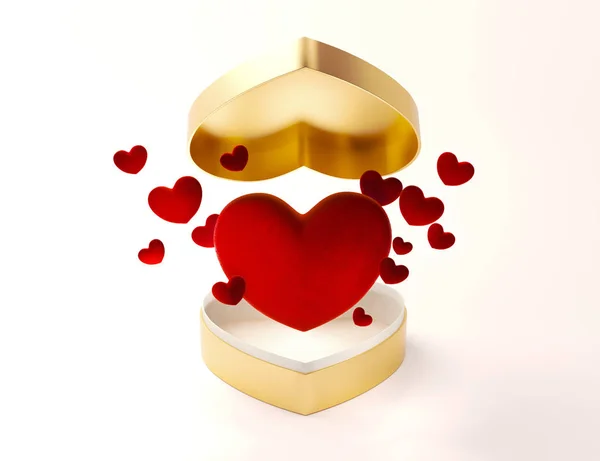 Goldene Herz offene Box mit fliegenden Herzen für Valentinstag oder besonderen Tag in der Liebe Konzept. Offene goldene Geschenkschachtel mit einem großen roten Herz auf weißem Hintergrund. 3D-Darstellung. — Stockfoto