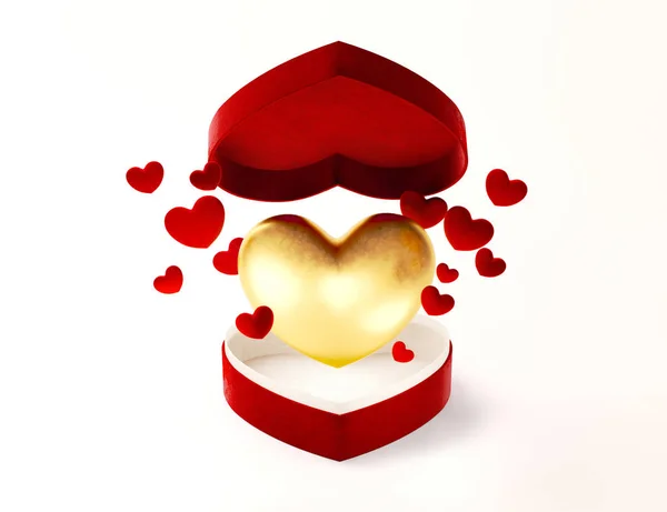 Rote herz-offene box mit fliegenden goldenen und roten herzen zum valentinstag oder besonderen tag in love konzept. offene rote Geschenkschachtel mit einem großen goldenen Herz auf weißem Hintergrund. 3D-Darstellung. — Stockfoto