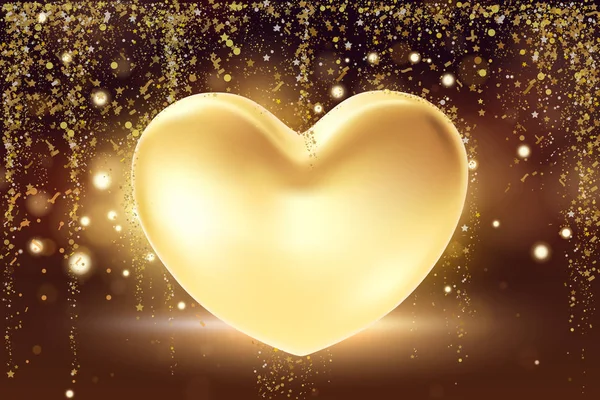 Goldenes Herz Hintergrund. Das erste Valentinssymbol auf goldenem Hintergrund. 3D realistische Illustration Gestaltungskonzept eines goldenen Valentinsherzes. — Stockvektor