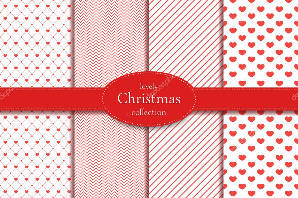 Love pattern. Collection of 4 elegant red seamless patterns on the theme of romance and love. Valentines day pattern with heart. Christmass love pattern.