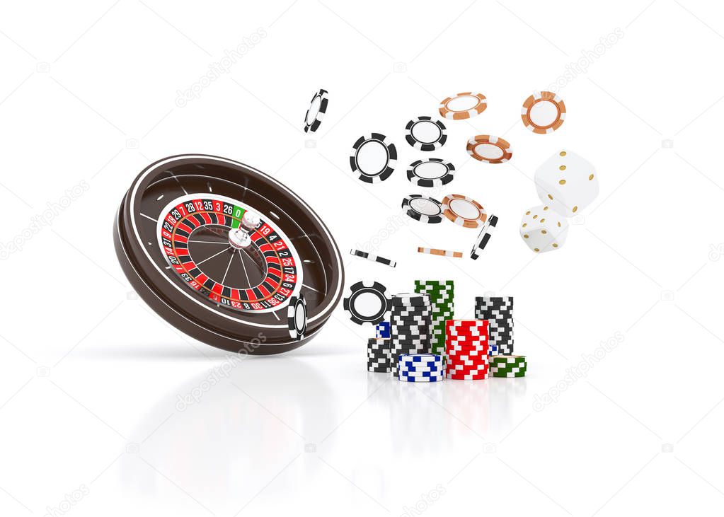 Casino roulette wheel chips isolated on white. Casino game 3D chips. Online casino banner. Black realistic chip. Gambling concept, poker mobile app icon. Chips falling in the air.