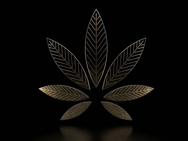 Folha de canábis sobre fundo preto. Folha de maconha dourada. Elegante ouro cannabis folha droga erva maconha, ilustração 3D. Elemento de maconha para design de logotipo, banner ou folheto . — Fotografia de Stock