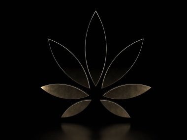 Esrar yaprak siyah arka plan üzerine. Altın marihuana yaprağı. Şık altın esrar yaprak uyuşturucu esrar bitki, 3d çizim. Esrar öğesi için logo, banner veya el ilanı tasarımı.