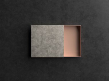 Zarif açık leatherand altın hediye kutusu Mockup siyah arka plan üzerine. Lüks ambalaj kutusu sigorta primi ürün için. Boş açılan kutu. 3D render.