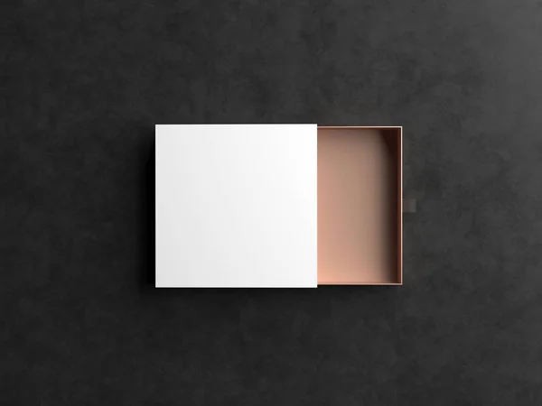 Zarif siyah arka plan üzerine beyaz ve altın hediye kutusu Mockup açın. Lüks ambalaj kutusu sigorta primi ürün için. Boş açılan kutu. 3D render.