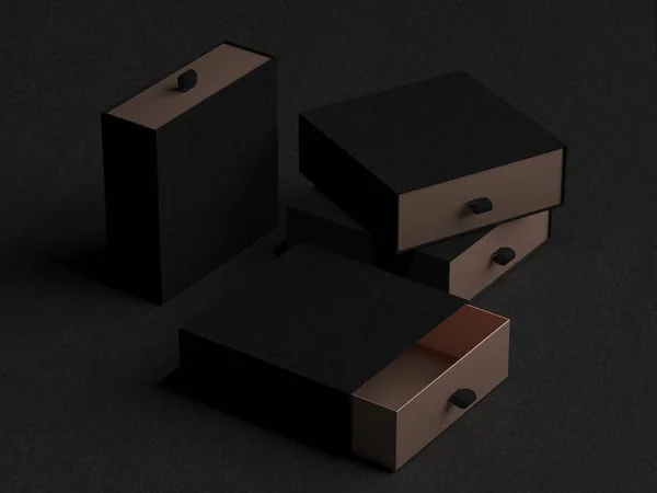 Elegante aberto preto e ouro Gift Box Mockup no fundo preto. Caixa de embalagem de luxo para produtos premium. Caixa quadrada aberta vazia. Renderização 3d — Fotografia de Stock