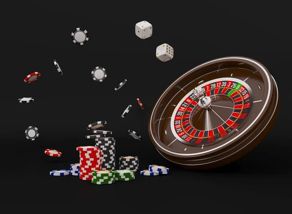 Casino rulet tekerleği üzerinde izole siyah fişleri. Casino oyun 3d fişi. Online casino banner. Siyah gerçekçi casino çip. Kumar kavramı, poker mobil app simgesi. Havada düşen fişleri. 3D render.