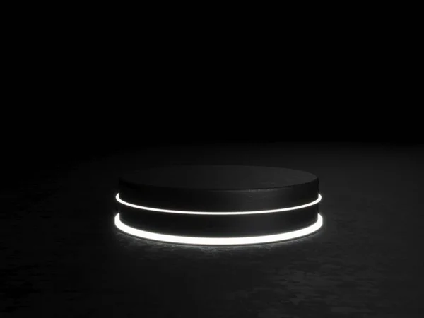 Pódio redondo, pedestal ou plataforma, iluminado por holofotes led. ilustração. Lightpodium brilhante. Local de publicidade. Suporte de produto em branco e fundo abstrato com luz. Renderização 3d . — Fotografia de Stock