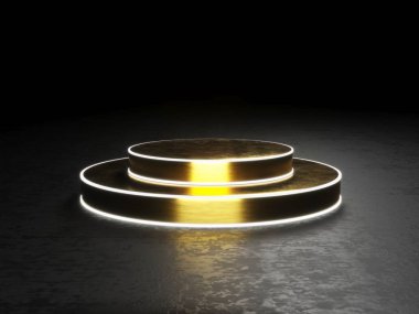 Podyum yuvarlak altın, Kaide ya da platform tarafından aydınlatılmış, projektör açtı. resimde. Parlak lightpodium. Reklam yer. Boş ürün standı ve ışık ile arka plan. 3D render.