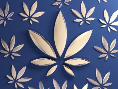 Mavi arka plan kenevir yaprağı. Altın cam marihuana yaprağı. Şık altın esrar yaprak uyuşturucu esrar bitki, 3d çizim. Esrar öğesi için logo, banner veya el ilanı tasarımı.