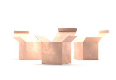 Açık hediye altın kutu karton mockup. Açık karton karton kutu kapsayıcı paket teslim nakliye için. Beyaz arka plan üzerinde izole kutusu mevcut. 3D render.