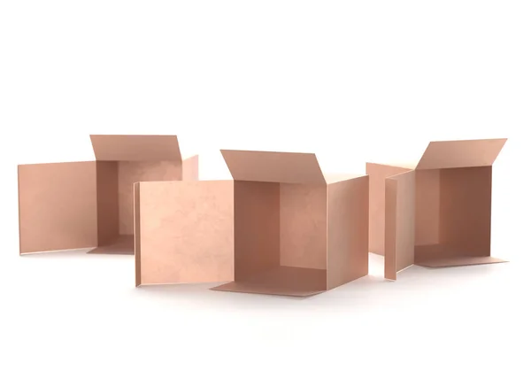 Öppet presentkort gyllene box kartong mockup. Öppna kartongen kartong behållare paket för leverans frakt. Presentera box isolerad på vit bakgrund. 3D-rendering. — Stockfoto