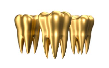 Altın diş beyaz arka plan üzerinde izole. Sağlıklı altın diş simge 3d tasarlamak. Diş Hekimliği sağlık, diş hekimi ofis, oral implant Tema tasarım, diş implantı logo veya el ilanı kavramı.