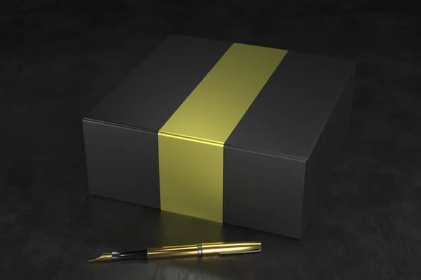 Black box mock up. Blank flat black paper cardboard box template lying on black background. Packaging collection. 3D Rendering.