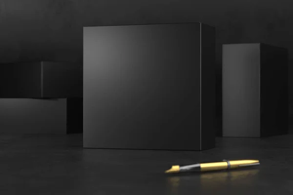 Black Gift Box packaging Mockup on black background. Luxury packaging box for premium products. Elegant black box. 3d rendering.