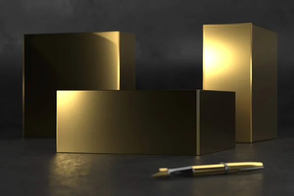 Caixa de presente dourado embalagem Mockup no fundo preto. Caixas de embalagem de luxo para produtos premium. Caixa de ouro elegante. Renderização 3d . — Fotografia de Stock