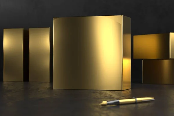 Caixa de presente dourado embalagem Mockup no fundo preto. Caixas de embalagem de luxo para produtos premium. Caixa de ouro elegante. Renderização 3d . — Fotografia de Stock