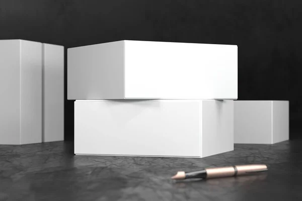 Whitegift pudełko opakowania makieta na czarnym tle. Skrzynki opakowania luksusowych produktów premium. Eleganckie urządzenia whitebox. renderowania 3D. — Zdjęcie stockowe