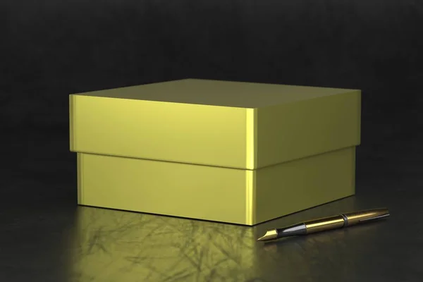 Caixa de presente dourado embalagem Mockup no fundo preto. Caixas de embalagem de luxo para produtos premium. Caixa de ouro elegante. Renderização 3d . — Fotografia de Stock