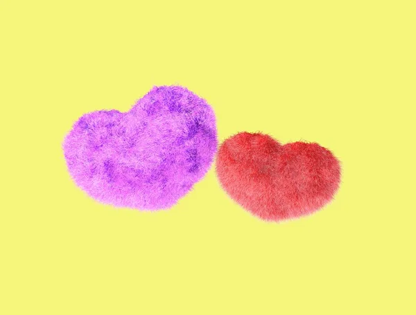 Fluffiga hjärta. Päls plysch hjärta. Hjärta form röd fluffig mjuk kudde eller dyna för alla hjärtans dag eller bröllopsdag i kärlek. 3D-rendering. — Stockfoto