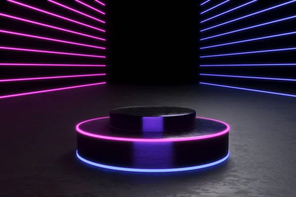 Podium rond, piédestal ou plate-forme, illuminé par des projecteurs à led. illustration. Lumineux Lightpodium. Lieu de publicité. Support de produit vierge et fond abstrait avec lumière. Rendu 3d . — Photo