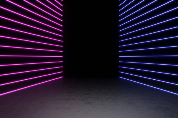 Фон порожнього чорного коридору з неоновим світлом. Абстрактний фон з лініями та сяйвом. 3D візуалізація . — стокове фото