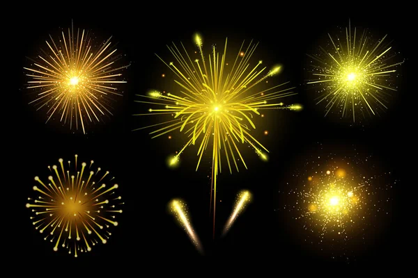Fogos de artifício coloridos festivos brilhantes. Ilustração de fogos de artifício realistas vetoriais. Fogos de artifício de Ano Novo. Explosão de fogo de artifício, estrela ou poeira estelar, cores brilhantes . — Vetor de Stock