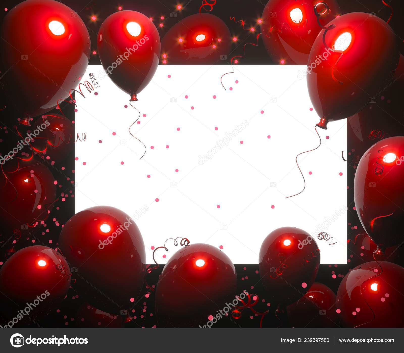 Party banner with red balloons on black background and place for ...