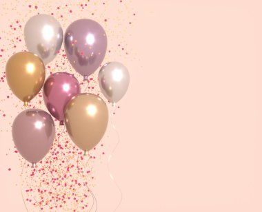 Pembe ve altın parlak balonlar parıldıyor, parti arka plan ile kümesi. Doğum günü, parti, düğün ya da promosyon afiş ve posterler için 3D render. Canlı ve gerçekçi illüstrasyon.