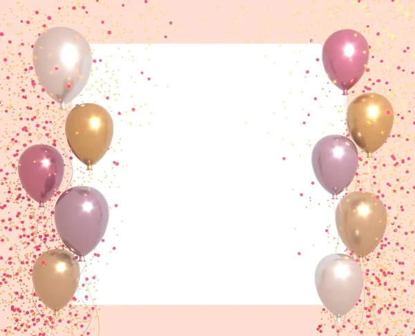 Κόμμα πανό με μπαλόνια σε φωτεινό φόντο και θέση για το κείμενο. Χαρούμενα γενέθλια κάρτες σχεδιασμού. Εορταστική ή παρούσα 3d rendering διακόσμηση έννοια. — Φωτογραφία Αρχείου