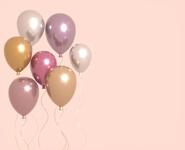 Rózsaszín és arany fényes lufi, party háttér halmaza. 3D render, születésnap, party, esküvői vagy promóciós bannereket vagy plakátok. Élénk és valósághű illusztráció. — Stock Fotó