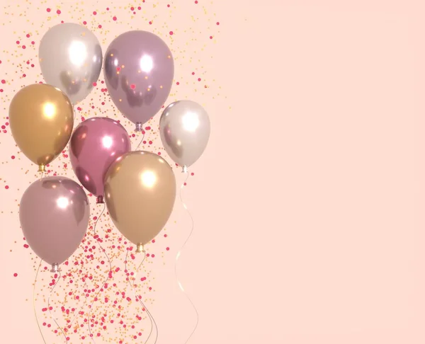 Set di palloncini lucidi rosa e dorati con scintille, sfondo partito. Rendering 3D per compleanno, festa, matrimonio o promozione banner o manifesti. Illustrazione vivida e realistica . — Foto Stock