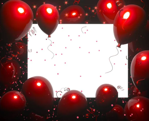 Bannière de fête avec ballons rouges sur fond noir et place pour le texte. Joyeux anniversaire conception de cartes. Festive ou présente 3d rendu concept de décoration. Bannières ou affiches de fête, mariage ou promotion . — Photo