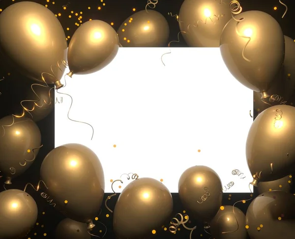 Banner de fiesta con globos dorados sobre fondo negro y lugar para texto. Diseño de tarjetas de feliz cumpleaños. Concepto de decoración de representación 3D festivo o presente. Banderas o carteles de fiesta, boda o promoción —  Fotos de Stock
