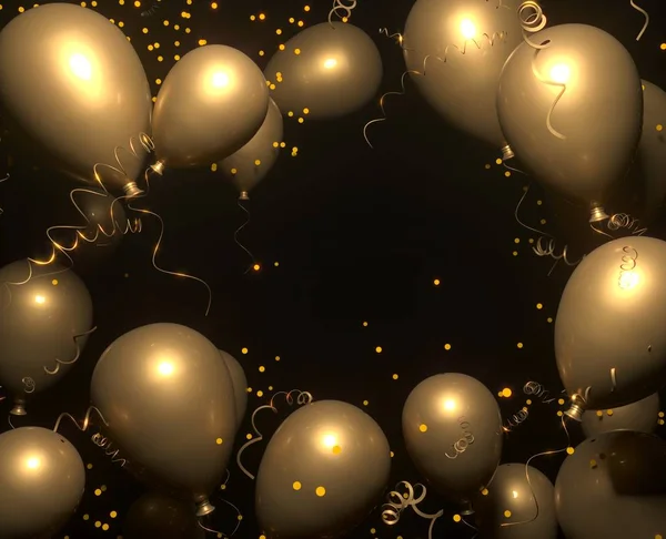 Siyah arka plan ve metin için yer goled Balonlu Parti afiş. İyi ki doğdun tasarım kartları. Festival veya mevcut 3d render dekorasyon konsepti. Parti, düğün ya da promosyon afiş veya posterler