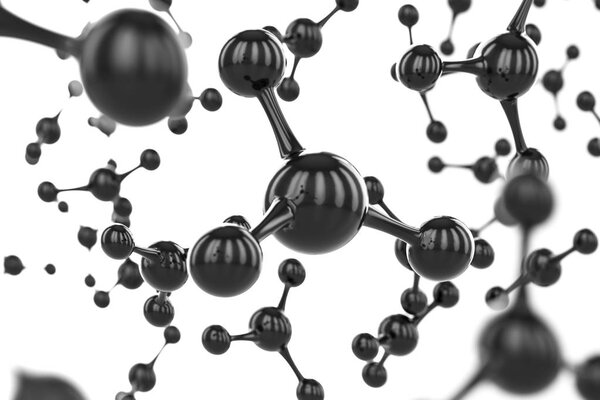 Abstract black molecules design. Atoms. Science or medical background design. Abstract background for chemistry banner or flyer. 3d rendering illustration.