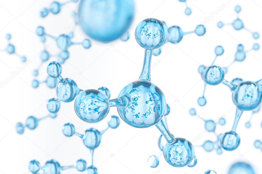 Abstract molecules design. Clear blue water atoms. Abstract background for banner or flyer. Science or medical background. 3d rendering illustration.