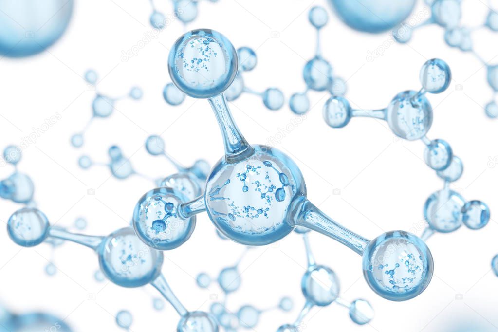 Abstract water molecules design. Atoms. Abstract water background for banner or flyer. Science or medical background. 3d rendering illustration.