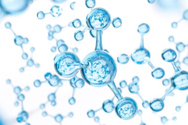 Soyut su molekülleri tasarım. Atomlar. Başlık sayfası veya el ilanı için soyut su arka plan. Bilim veya tıbbi geçmişi. 3D render illüstrasyon.