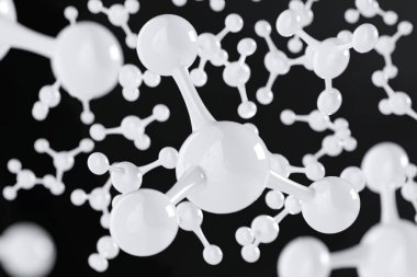 Beyaz molekül veya atom siyah. Bilim veya tıbbi geçmişi, 3d render illüstrasyon soyut temiz yapı. Yapısal kimyasal formülü.