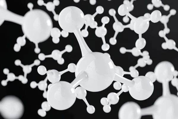 Molécula blanca o átomo en negro. Estructura limpia abstracta para la ciencia o el fondo médico, ilustración de la representación 3d. Fórmula química estructural . —  Fotos de Stock