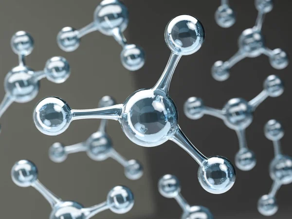 Glanzende molecuul of het Atoom op zwart. Abstracte schoon water molecuul structuur voor wetenschap of medische achtergrond, 3d rendering illustratie. Structurele chemische formule. — Stockfoto