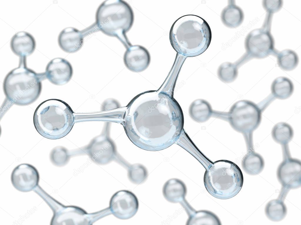 Glossy molecule or atom on white background. Abstract clean water molecule structure for science or medical background, 3d rendering illustration. Structural chemical formula.
