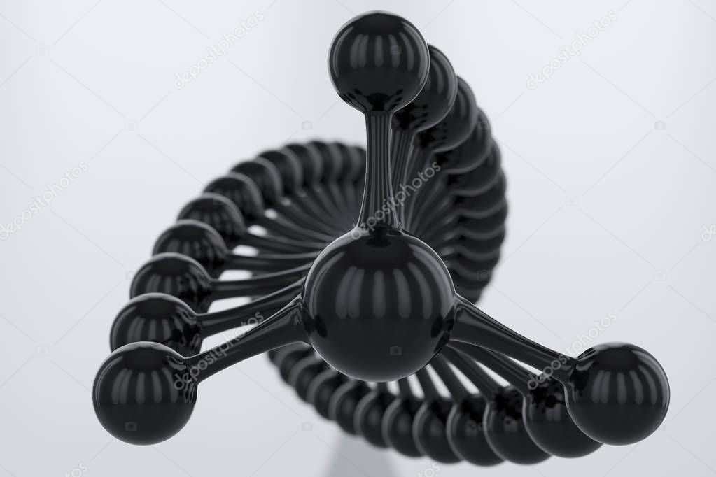 Abstract 3d wireframe black DNA molecule helix spiral logo or icon concept. Water, medical science, genetic biotechnology, chemistry biology, gene cell. 3D rendering