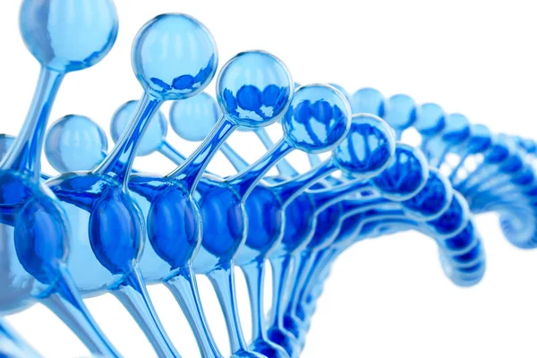 Un brillante particolato 3D ha reso il concetto di DNA blu isolato su sfondo bianco. Design astratto delle molecole blu. Atomi. Scienza o formazione medica. Bandiera chimica o volantino . — Foto Stock