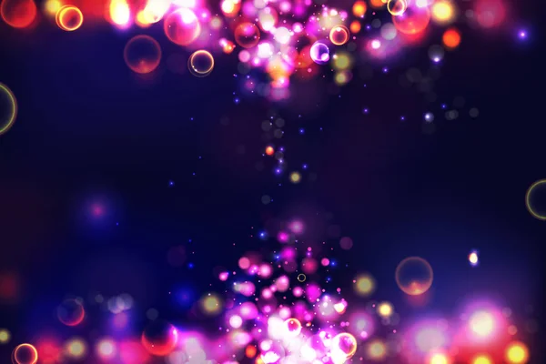 Abstrakte bunte defokussierte kreisförmige Bokeh funkeln glitzernde Lichter Hintergrund. magischen Raum kosmische glänzende Blasen. elegante Layoutvorlage für Blayer-Banner oder Plakathintergrund. Folge 10. — Stockvektor