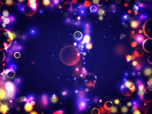 Abstrato colorido desfocado circular bokeh brilho luzes de fundo. Espaço mágico bolhas brilhantes cósmicas. Modelo de layout elegante para banner blayer ou fundo do cartaz. EPS 10 . — Vetor de Stock